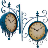 美式金属钟表做旧地中海两面挂钟 咖啡厅静音客厅双面铁艺挂钟