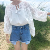衬衫女夏装新款韩版女装上衣韩范宽松显瘦勾花镂空系带长袖白衬衣