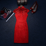 中式婚礼敬酒服旗袍短款显瘦红色蕾丝新娘结婚礼服连衣裙长款修身