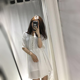 韩国ulzzang2016夏装新款sze性感V领系带镂空白色短袖雪纺连衣裙