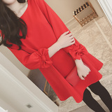 2016秋季新品韩版修身打底裙长袖圆领红色中长款孕妇连衣裙