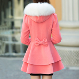 2015新款韩版女装冬装长款粉色收腰毛呢外套女毛领修身羊毛呢大衣
