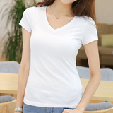 纯色v领短袖t恤女夏短款纯棉打底衫紧身体恤半袖修身显瘦白色韩国
