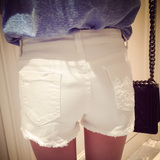 夏季新款牛仔短裤女学生韩版高腰弹力白色磨破洞毛边显瘦热裤外穿