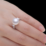 天然珍珠戒指环925纯银镶钻淡水近正圆形强光无瑕可调节珠宝包邮