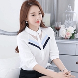 2016春秋新款韩版半袖女雪纺上衣白色镂空衬衫显瘦中袖娃娃蕾丝衫