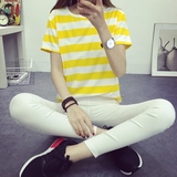 16夏季新款韩版女装上衣打底衫大码学生学院风条纹宽松短袖T恤女