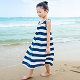 2016韩版儿童雪纺长款连衣裙女童海边度假背心裙沙滩裙条纹长裙