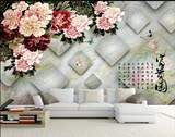 立体大理石纹富贵牡丹图壁纸 中式花卉酒店客厅电视背景墙PVC壁画