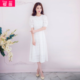 少女连衣裙韩版夏装中学生修身显瘦短袖蕾丝连衣裙子白色长裙潮