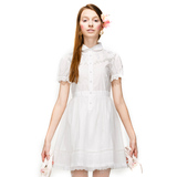 淑女屋2015夏装新款韩版娃娃领蕾丝拼接高腰修身女装短袖连衣裙