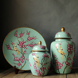 现代中式蓝色花鸟陶瓷罐手绘工艺品摆件样板房客厅电视柜装饰摆件