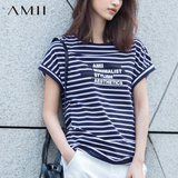 Amii[极简主义]2016春夏季女装海军风黑白条纹T恤短袖宽松打底衫