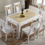 欧式白色黄玉大理石餐桌椅组合 长方形实木餐桌一桌4椅6椅包邮