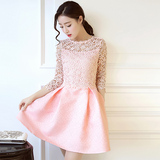 韩版时尚修身中长款七分袖连衣裙精品蕾丝拼接镂空圆领甜美