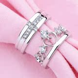 S925纯银对戒 皇冠情侣戒指银饰品一对活口可调节韩版戒指环刻字