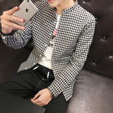G＆BOX2016秋季新款韩版休闲学院风格子立领长袖衬衫男潮衬衣外套