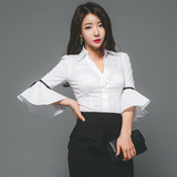 衬衫2016春装新款女装韩版修身显瘦上衣优雅气质蝴蝶结喇叭袖衬衣