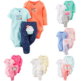 美国代购Carters卡特0-2岁女宝宝短袖长袖爬服长裤纯棉3件套装