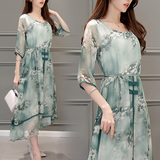 2016新款夏季女装气质韩版修身高腰中长款连衣裙中袖印花雪纺长裙