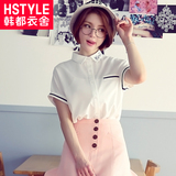 韩都衣舍2016韩版女装夏装新款字母印花拼接短袖衬衫YQ5706儬