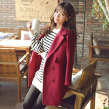 2016春季新款女装 韩版时尚纯色中长款夹棉加厚口袋毛呢大衣外套
