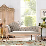法式新古典贵妃椅 美式实木橡木美人榻 做旧复古拉扣亚麻布艺沙发