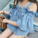 2016夏季女装新品韩范甜美学院风吊带一字领露肩性感显瘦衬衫衬衣