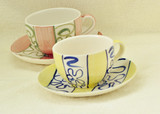 原装日本进口纯手工手绘COFFEE CUP咖啡杯碟 黄色粉红色