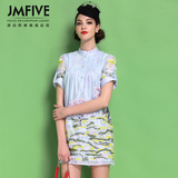 JMFIVE2016春夏装新款母亲节妈妈装修身刺绣碎花欧根纱连衣裙