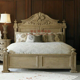 RH美式乡村橡木实木雕花双人床 法式仿古做旧床可定制1.8米婚庆床