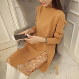 2015秋冬韩版新款女士毛衣中长款套头蕾丝打底衫修身针织衫毛衣裙