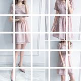 韩版2016夏装新款大码女装时尚修身粉色蕾丝短袖中长款镂空连衣裙