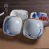景德镇制 手工陶瓷米饭碗 四方料理荷花汤碗 日式艺术釉下彩餐具