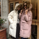 韩国冬季新款连帽加厚中长款棉衣女装貉子毛领宽松面包服外套潮