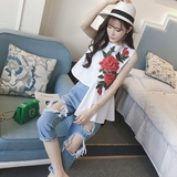2016夏韩版时尚两件套花朵刺绣个性衬衣+破洞牛仔七分裤套装女潮