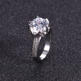 S925纯银镀18K白金钻石荷花戒指 群镶结婚钻戒 求婚订婚钻石戒指