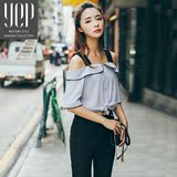 YEP2016夏季新品韩版宽松背带短袖性感一字领漏肩衬衫吊带上衣女