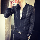 夏季新款韩版修身立领薄款网纱夹克透明外套长袖青年防晒衣服男潮