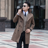 新款韩版男装双排扣长款翻领修身中青少年加肥加大码外套大衣风衣