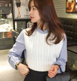 韩版冬装新款女装小清新假两件针织拼接立领衬衫百搭长袖条纹衬衣