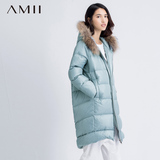 Amii冬季中长款连帽大码外套白鸭绒拉链轻薄长袖新款新品女羽绒服