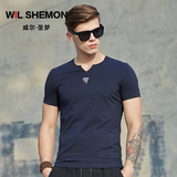 2016夏季新款中国风复古男士修身纯色棉麻V领刺绣短袖t恤加大码