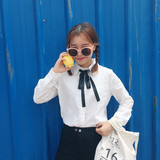 早秋新款韩版学生黑丝带气质款翻领衬衣女纯色长袖小宽松短款衬衫