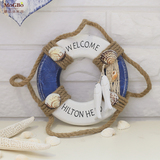 蘑菇堡地中海救生圈蓝色摆件装饰品家居木质手工工艺品客厅壁饰