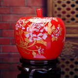 086景德镇陶瓷器 中国红牡丹描金花瓶 结婚礼品 家居工艺品摆件