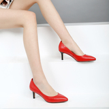新款气质ol尖头大红色中跟鞋女细跟浅口鞋高跟新娘女鞋真皮单鞋潮