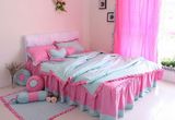 韩国床上用品公主床品套件 床罩床裙式 三件套/四件套 天蓝+玫红