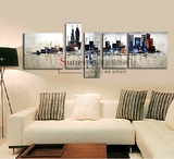 手绘油画现代时尚装饰画客厅沙发背景墙画五联抽象城市建筑无框画