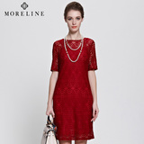 MORELINE沐兰2016夏季新品气质熟女蕾丝纯色圆领短袖针织连衣裙